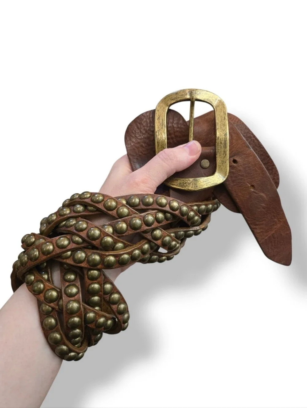 Chunky Braided Studded Western Leather Belt Grunge Dirtbag size 34 (33-55) VTG